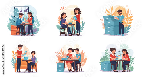 Diverse people interacting in casual settings, cafe, office, collaboration, communication