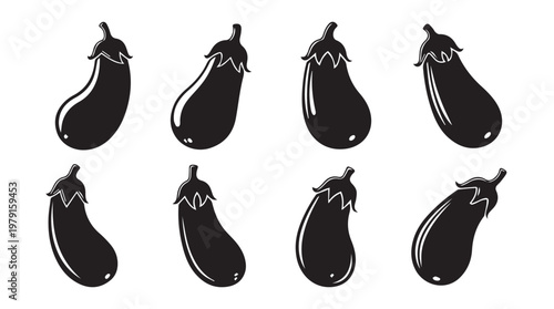 Eight black eggplant silhouettes arranged in two rows against a white background for graphic design