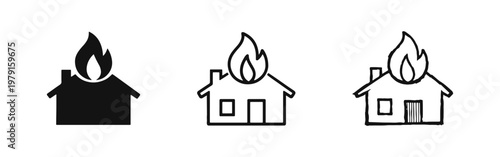 House on Fire Icon Set. Home Burning Symbol. Fire Incident and Emergency Disaster Vector Icons for Safety Concepts.