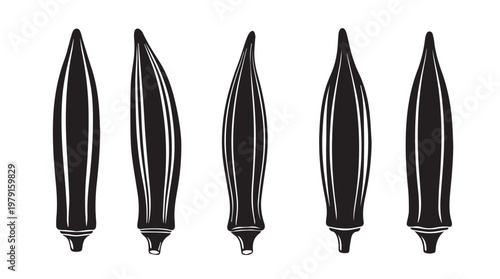 Five okra pods arranged in a row against a white background in a stylized illustration