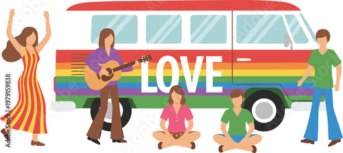 Cartoon hippie van in colorful vector illustration of retro lifestyle, peace and music