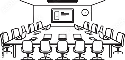 Empty conference room with table and chairs prepared for business meeting.