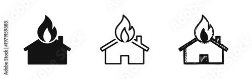 Burning Home Icon Collection. House Fire Emergency Symbols. Domestic Fire and Property Destruction Vector Illustrations.