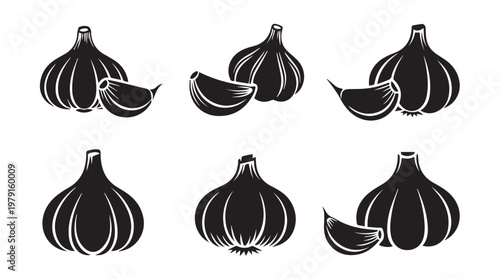 Garlic bulbs and cloves in simple silhouette style for culinary design
