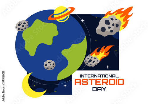 World Asteroid Day Vector Illustration Featuring Earth, Space Rockets, Meteor Impact, and Planetary Defense Awareness Design