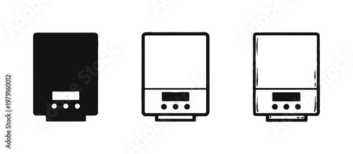 Modern Gas Boiler or Water Heater Icon Set with Digital Display, Home Appliance Pictograms