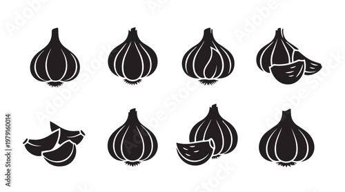 Garlic bulbs and cloves in a clean silhouette style on a white background