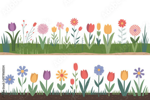 Colorful flowers blooming along a grassy border in a cheerful arrangement Vector
