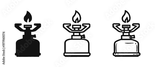 Camping Gas Stove with Flame Icon Set, Portable Outdoor Burner Pictograms for Travel