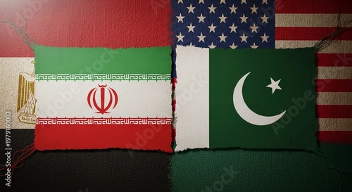 A collage of the flags of Iran, Pakistan, and the United States, symbolizing international relations and global politics.