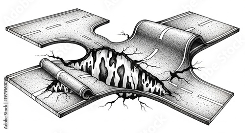 Abstract representation of a torn road with a scroll.
