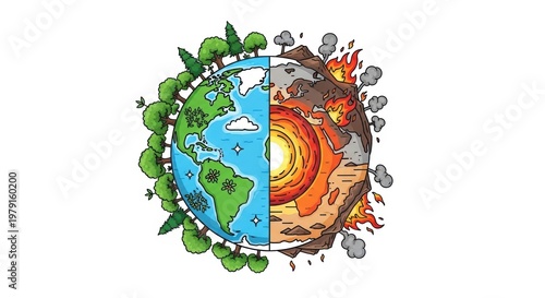 Climate change concept illustration, global warming impact on planet Earth, environmental contrast between healthy nature and burning world