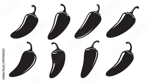 Group of Silhouetted Jalapeno Peppers With Various Shapes Against White Background