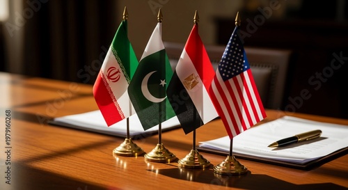 Flags of Iran, Pakistan, Egypt, and the USA stand on a wooden desk with documents and a pen, symbolizing international diplomacy and cooperation.