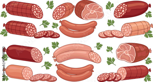 Sausages and Deli Meats Illustration Set Featuring Salami, Sausages, and Ham with Fresh Herbs for Food, Culinary, and Grocery Designs