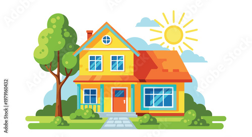 Colorful twostory house with orange door.