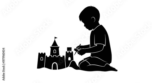 Boy Building Sand Castle Silhouette.
