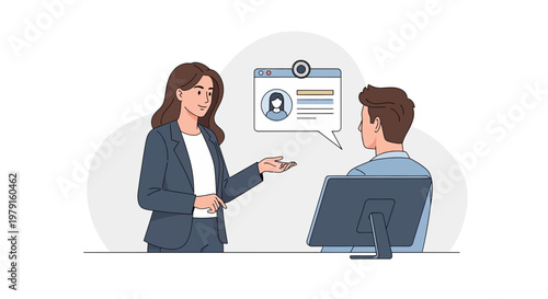 Business meeting: woman interviewer and man interviewee in video call, online job interview