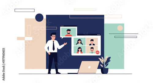 Businessman leading online meeting with team on video conference call