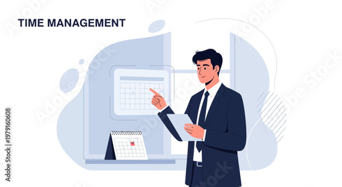 Businessman managing time, pointing at calendar, planning schedule, business concept