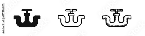Water Pipe with Valve Icon Set, Plumbing System Control and Industrial Tap Pictograms