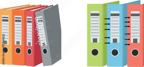 Colorful File Binders Illustration Set Featuring Red, Blue, Green, and Orange Office Folders for Office Organization, Filing, and Storage Solutions