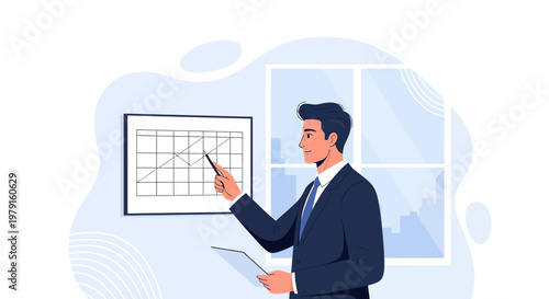 Businessman pointing at upward trending graph on whiteboard in office presentation