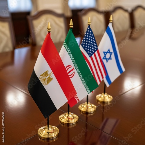 Flags of Egypt, Iran, USA, and Israel on a polished wooden table in a conference room