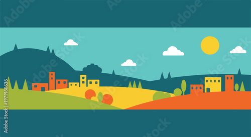 Colorful Village Landscape Illustration.