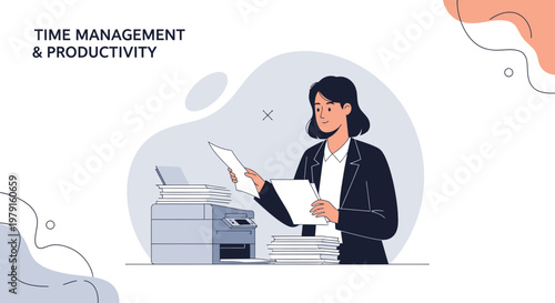 Businesswoman managing documents and printer for time management and productivity concept