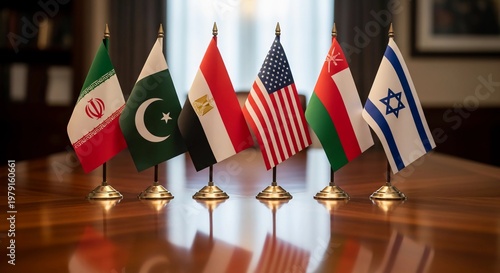 A row of small flags representing different countries on a polished wooden table