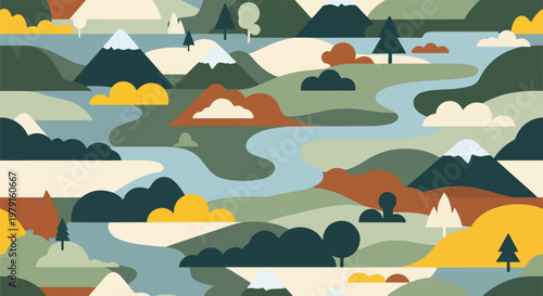 Colorful landscape with hills and clouds.