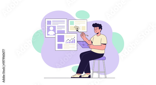 Creative Designer Working on Digital Project with Idea Bulb and Analytics