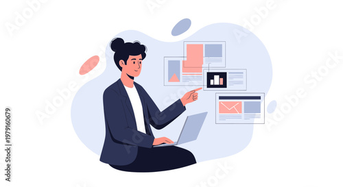 Businesswoman working on laptop, pointing at digital screens with charts and graphs