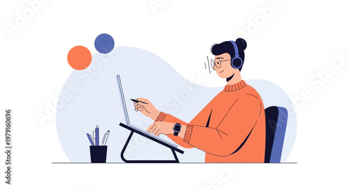 Creative freelancer working on laptop with headphones and stylus, modern illustration