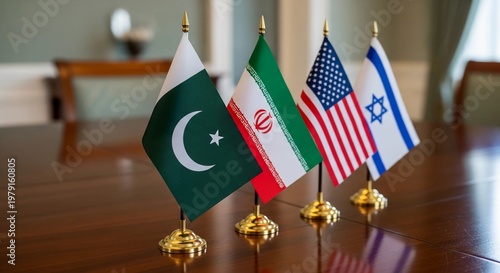 Flags of Pakistan, Iran, United States, and Israel on a wooden table in a meeting room