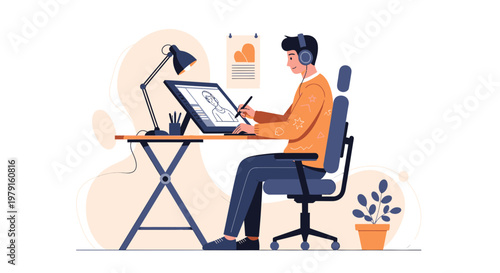 Digital artist working on tablet, headphones on, creative workspace