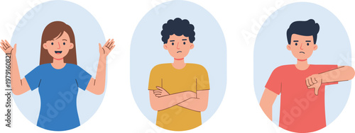 Cartoon people reactions in colorful vector illustration of emotions and attitudes