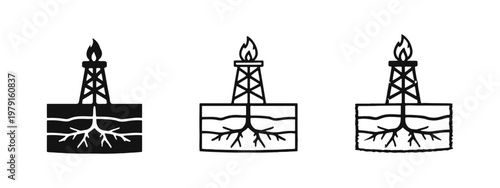 Natural Gas or Oil Drilling Rig Icon Set - Energy Extraction and Fossil Fuel Production Symbols
