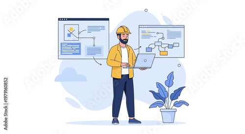 Engineer with Laptop and Flowcharts on Screens, Project Management Concept