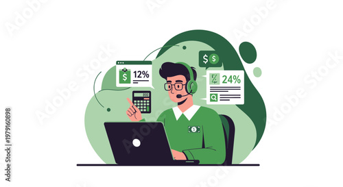 Financial advisor with laptop, calculator, and percentage charts, online finance consultation