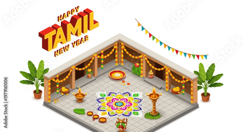 Isometric vector illustration showcases a vibrant Tamil New Year design, featuring traditional decorations and colorful rangoli patterns on a tiled floor, bathed in warm light