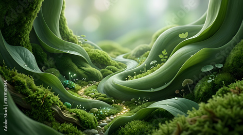 Enclosed green organic valley with lush plant forms and moss textures, eco environment concept with immersive natural abstract scenery