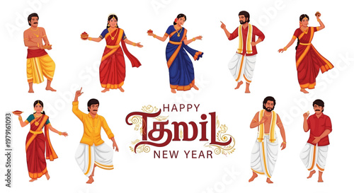 Vector illustrations showcasing a happy Tamil New Year celebration, with traditionally dressed men and women dancing and celebrating against a white background, conveying a joyful mood