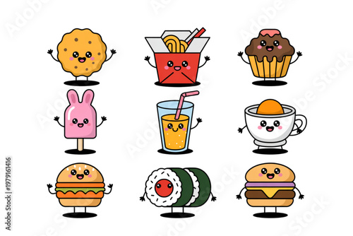 Diverse cartoon emojis expressing various emotions and activities in a row Vector