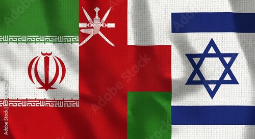 The national flags of Iran, Oman, and Israel waving together in a symbol of international relations and diplomacy.