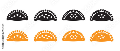 Empanada and Dumpling Icons Set. in Flat Design Style with Black and Orange Color Palette on White Background.