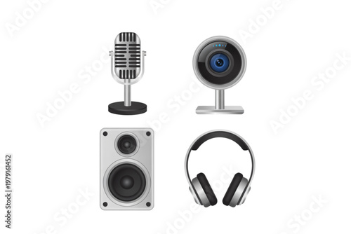 Set of audio equipment including microphone, speakers, and headphones Vector