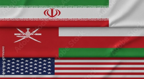 Flags of Iran, Oman, United Arab Emirates, and United States waving together