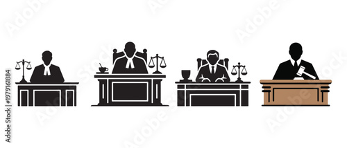 Set of distinct legal judge icons. and silhouettes illustrating courtroom authority, justice, and law on a clean white background.
